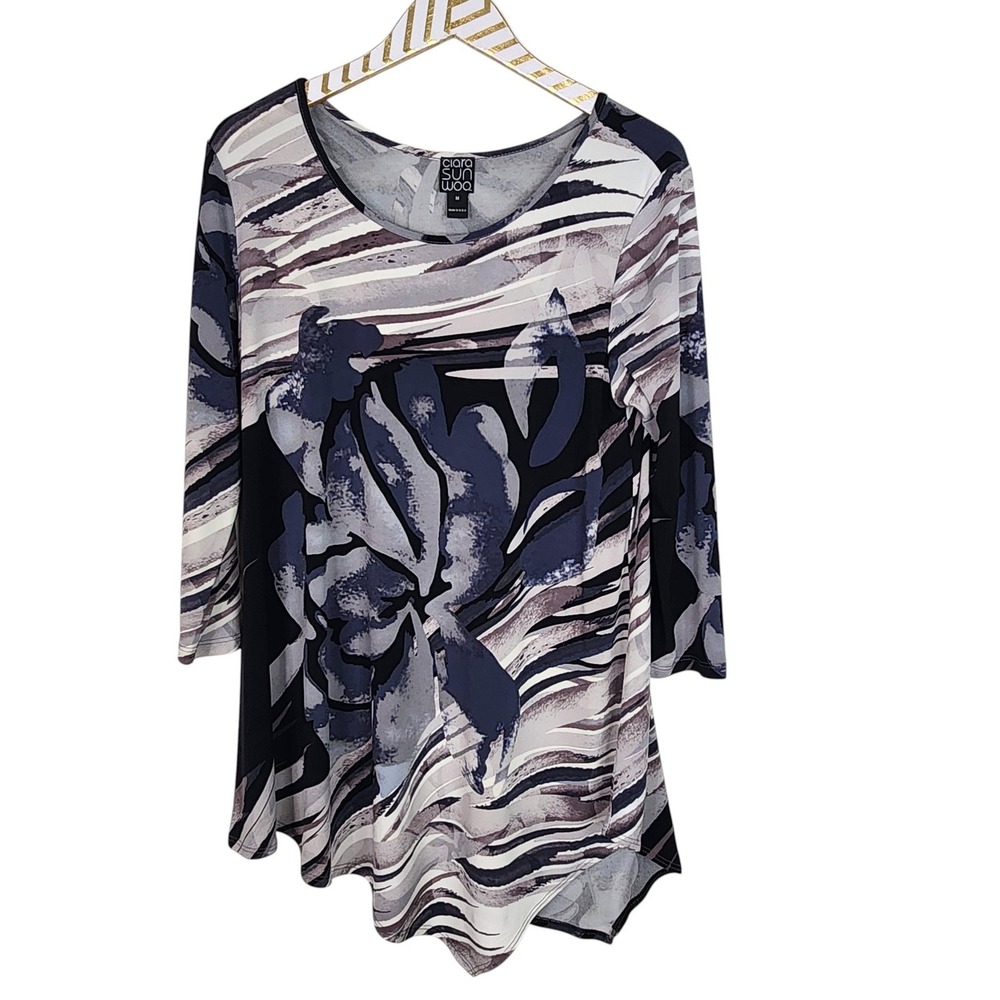 CLARA SUNWOO Tunic Top Womens Medium Navy Floral Lagenlook Asymmetrical 3/4